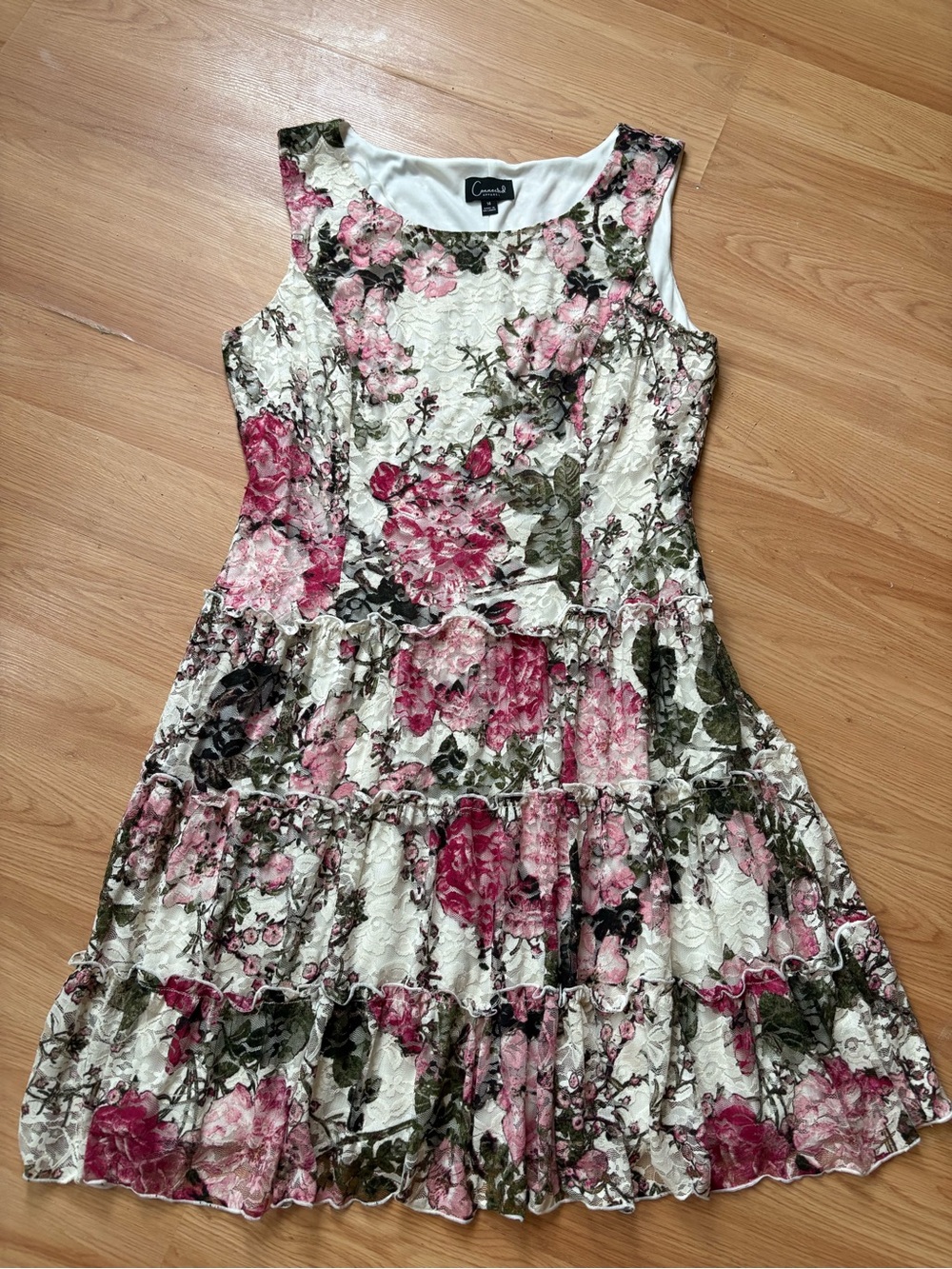 connected apparel Cream Floral lace Tiered Mini Dress Pink & Green Blossoms 14